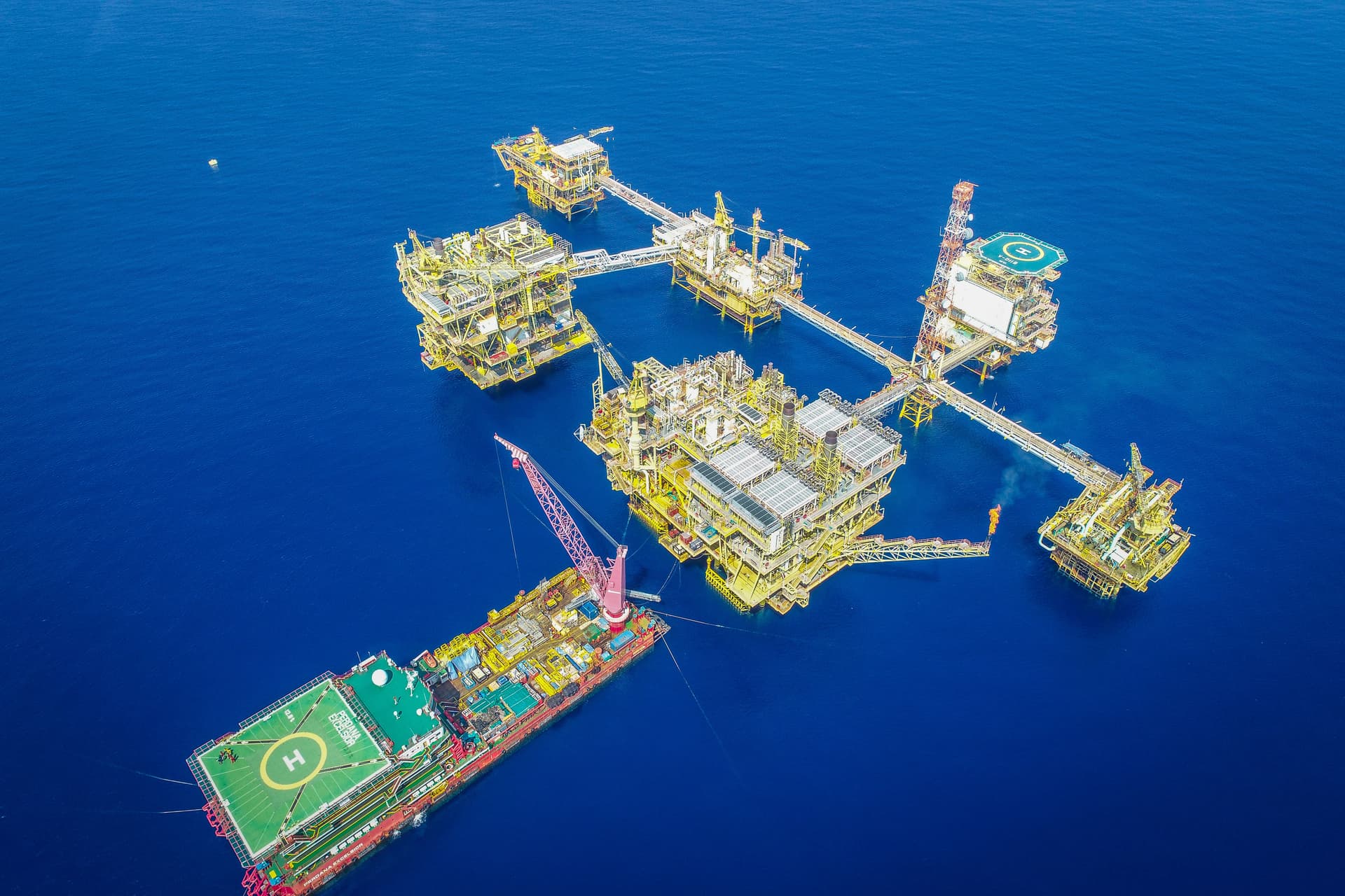 Aerial view of an offshore energy platform complex