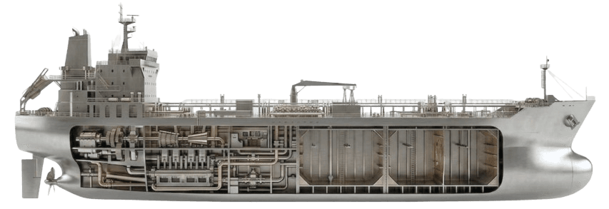Cutaway technical illustration of an industrial vessel, representing the Enovym digital backbone
